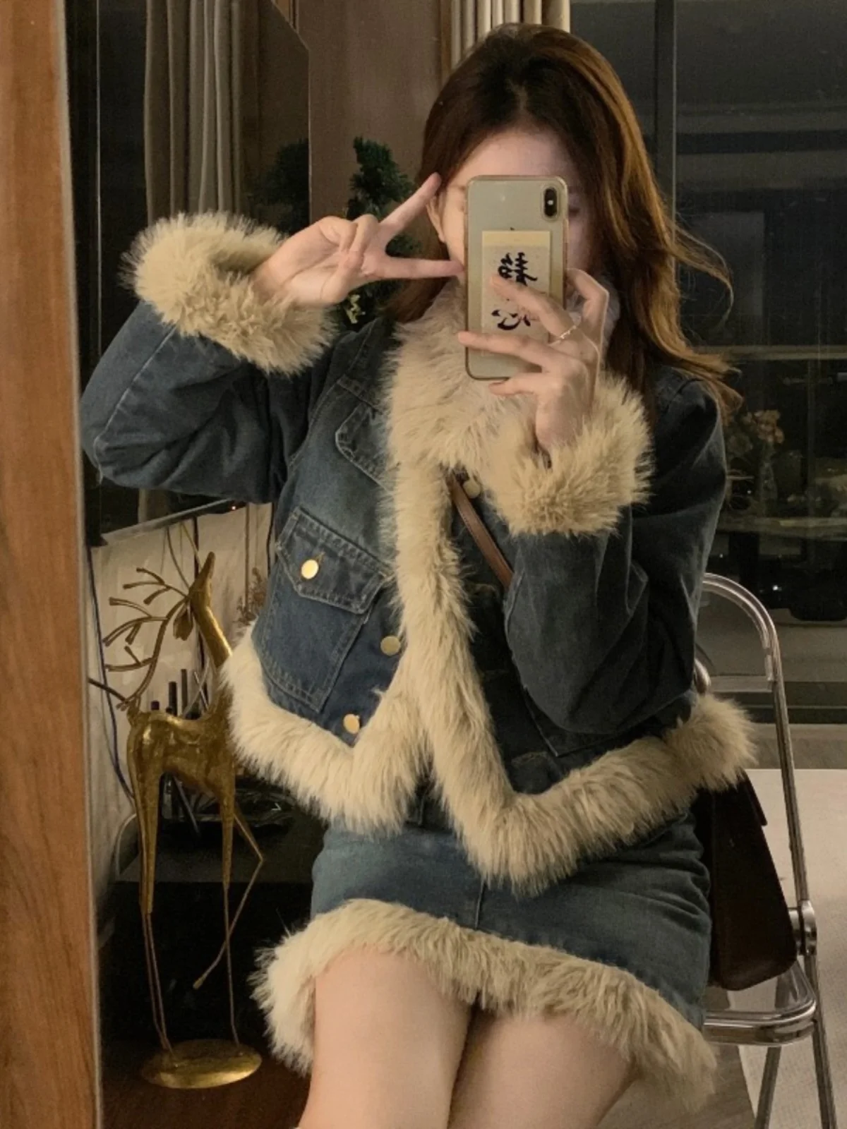 

Fall Winter Women's Vintage Korean Drama Style Denim Jacket And Skirt Two-Piece Set Fashionable And Elegant