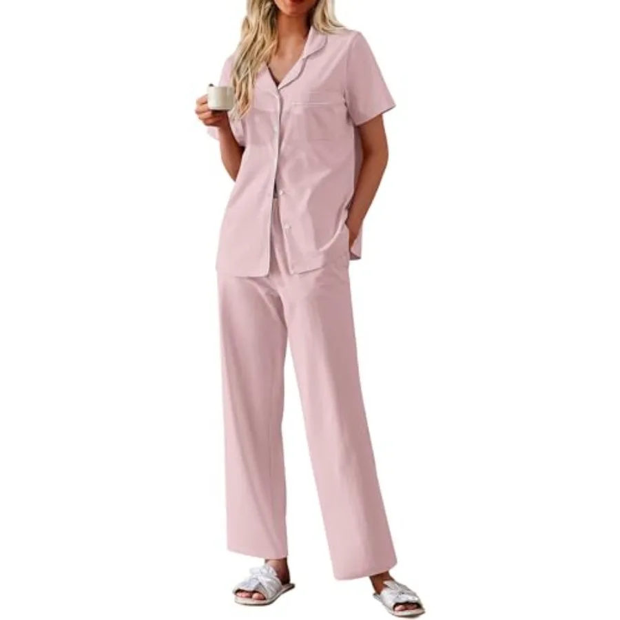 Ekouaer Women's 100% Cotton Pajamas Set Short Sleeve Button Down Pjs 2 Pcs Soft Sleepwear with Long Pants Lounge Set