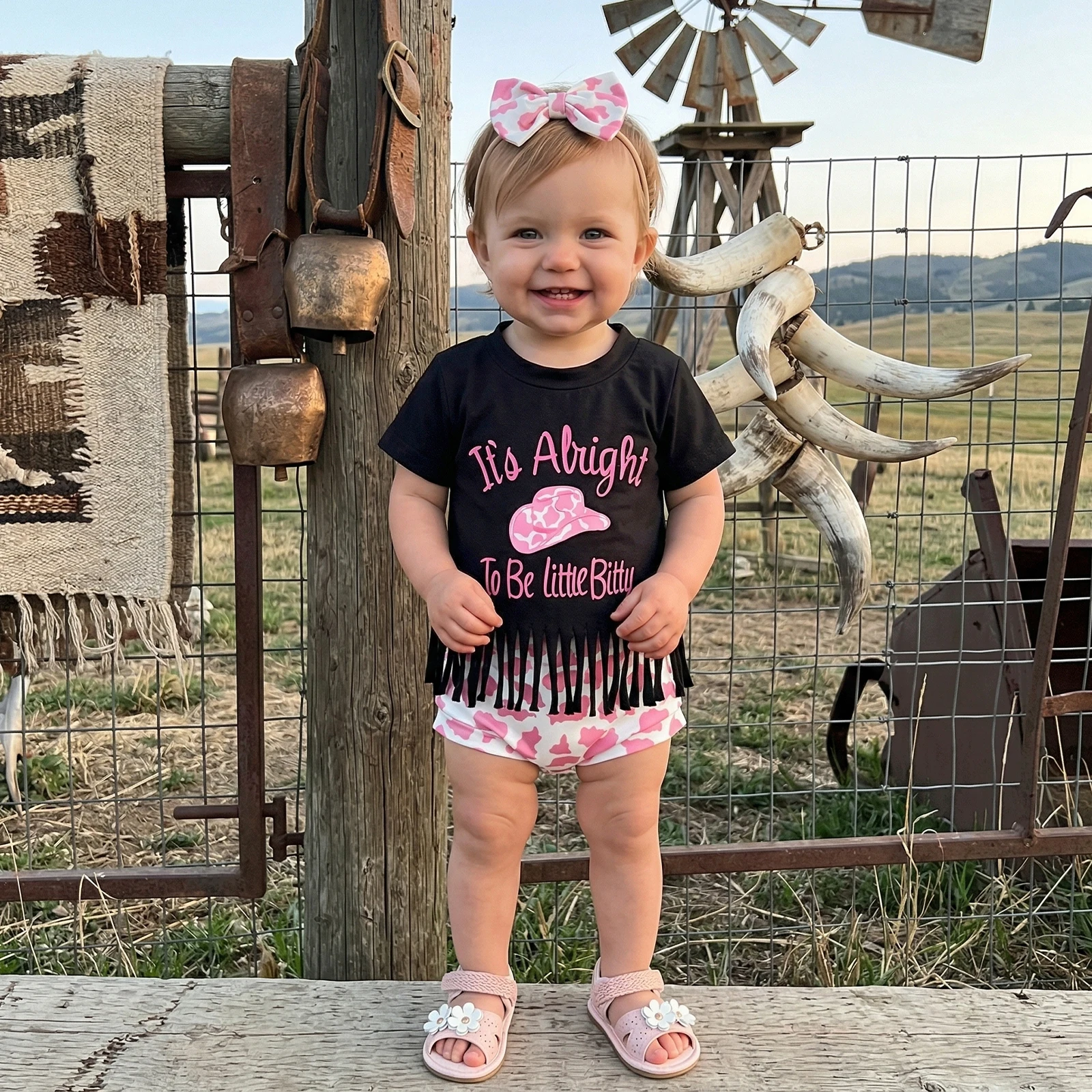 Baby Girls Shorts Set, Short Sleeve Letters Hat Print Tasseled T-shirt with Contrast Color Shorts and Bow Hairband Summer Outfit