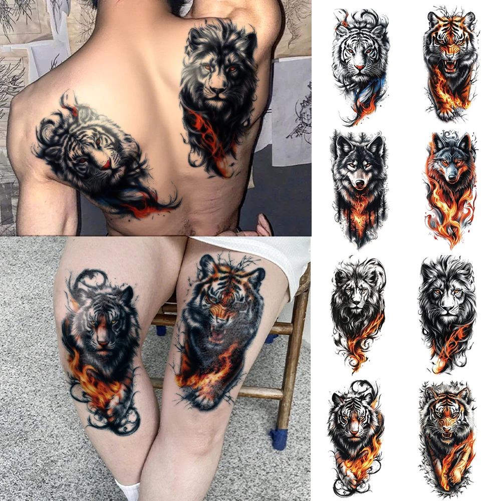 

8pcs Waterproof Temporary Tattoo Sticker Lion Tiger Wolf Flame Body Art Arm Chest Back Shoulder Fake Tattoos Sleeve Women Men