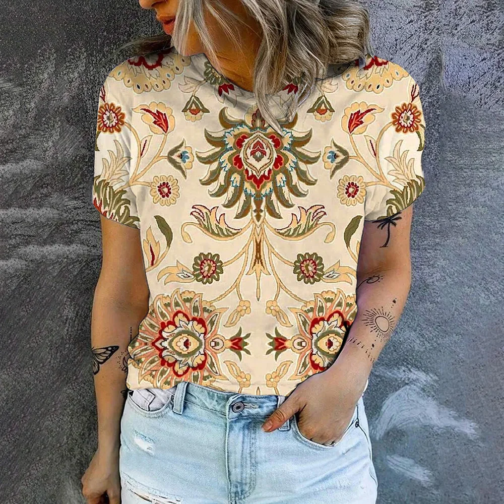 Summer Leisure T-shirt Women's T-shirt Retro Flower Pattern Print Fashion Print T-shirt Elegant Women's Short Sleeved T-shirt