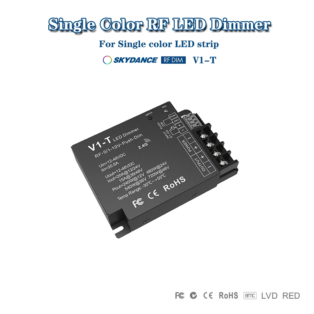 

Skydance V1-T DC12-48V 2,4GHzRF+0/1-10V+Push Dim (3-in-1) Контроллер с автоматической передачей/синхронизации для одноцветной светодиодной ленты