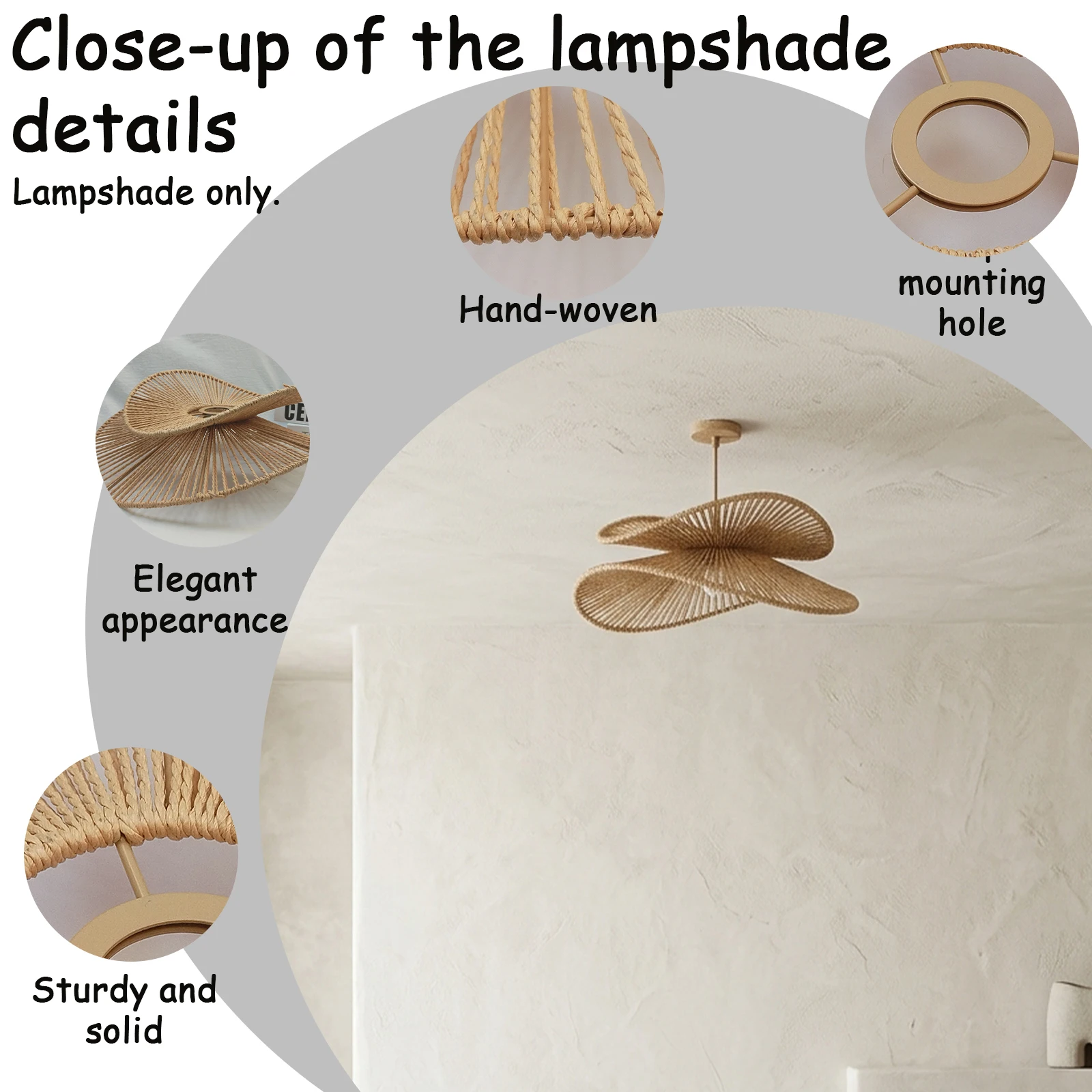 Natural Woven Rope Lamp Shade, Ruffled Wavy Hat Disc Cover for Pendant Light Bedroom