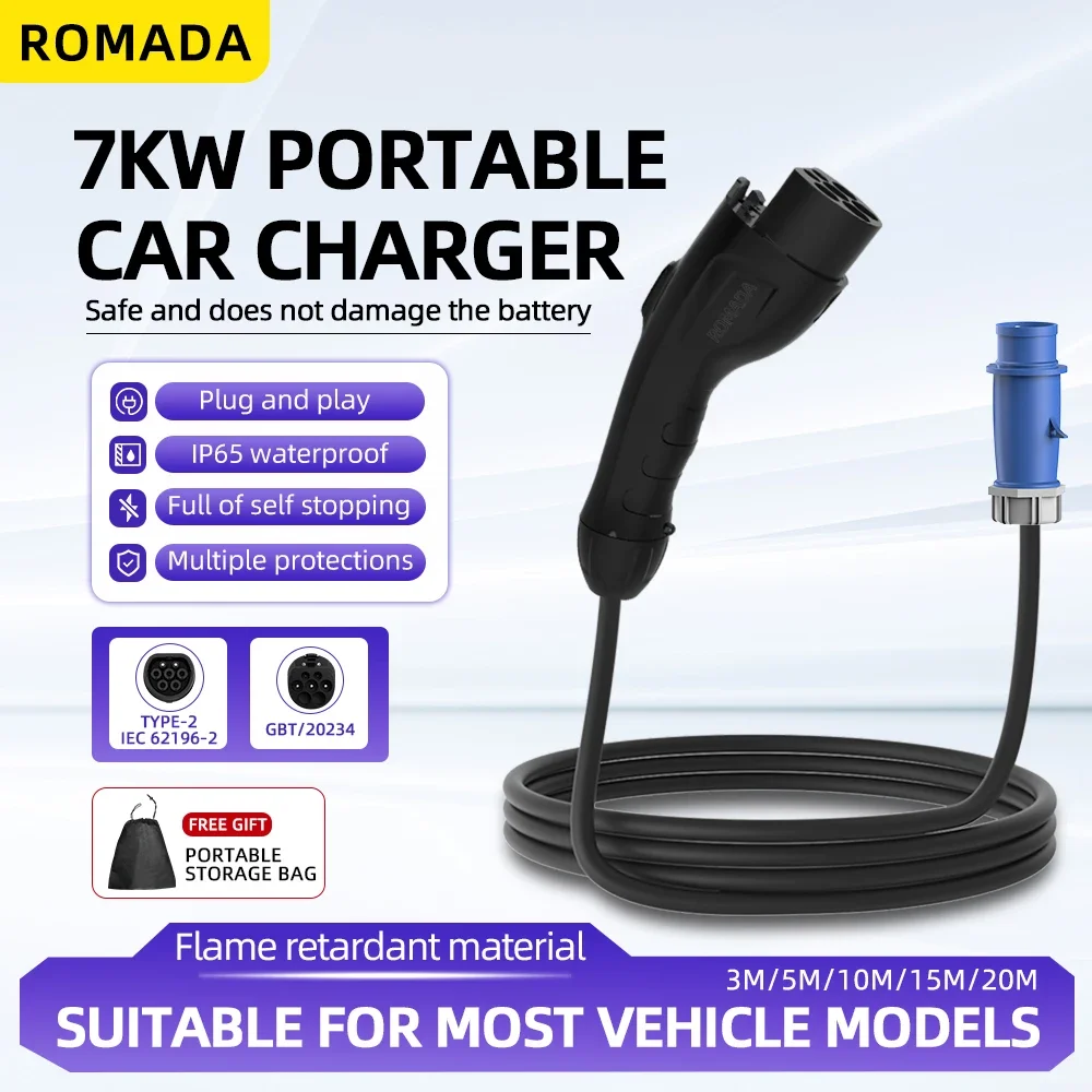 

7 кВт 32A для GB/T20234, портативное зарядное устройство для электромобиля, кабель 3 м-20 м, вилка EVSE CEE, адаптер Wallbox для электромобиля