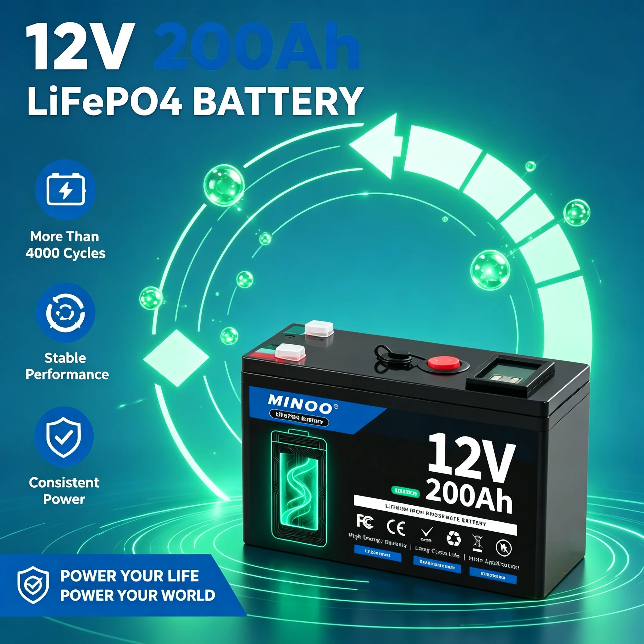 12V 200Ah LiFePO4 Battery Lithium Iron Phosphate Deep Cycle Rechargeable Battery With BMS For Solar RV Marine Energy Storage