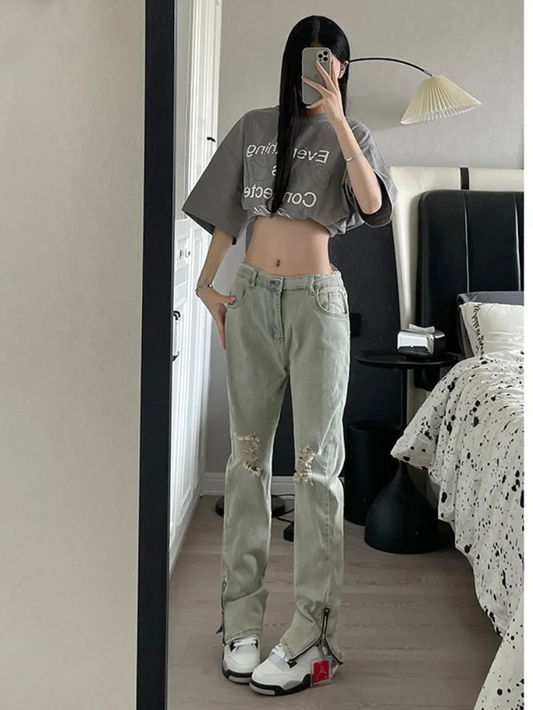 

Мужские летние тонкие джинсы-клеш с рваными элементами в американском уличном стиле, прямые повседневные брюки, молодежные модные трендовые брюки с разрезами