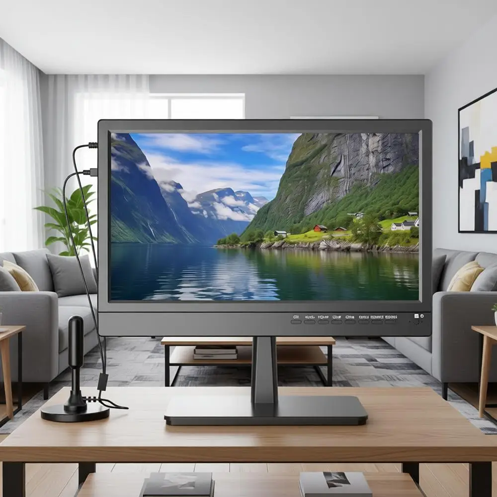 

14 Inch HD Kitchen TV with ATSC Tuner, HDMI/USB/VGA, Built-in Stand, Remote, Suitable for RV, Camping, Offices