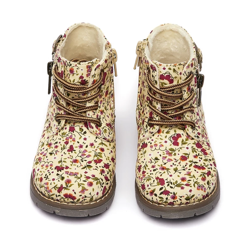 حذاء كاحل مطبوع عليه نباتات للفتيات الصغيرات بسحاب وأربطة للأطفال