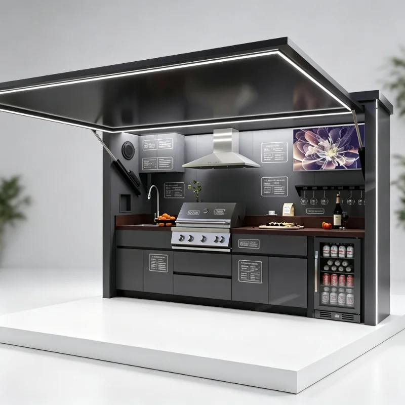 Durable Portable Aluminum Outdoor Kitchen, Customized Full Set Kitchen Cabinets & Stone Island Equipped with Tailgate Grill