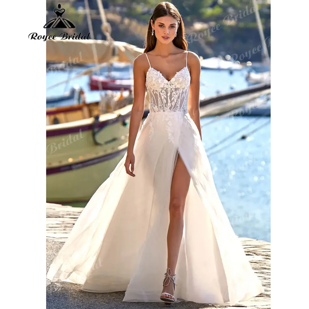 Roycebridal Spaghetti Strap Corset Lace A Line Wedding Dress High Side Slit Lace Up Back Court Train Vestido De Novia Customized