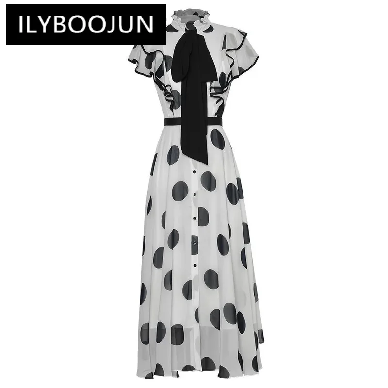 

ILYBOOJUN Summer Fashion Runway Dress Women Polka Dot Print Irregular Ruffled Strap Single breasted Big Swing Maxi Dresses