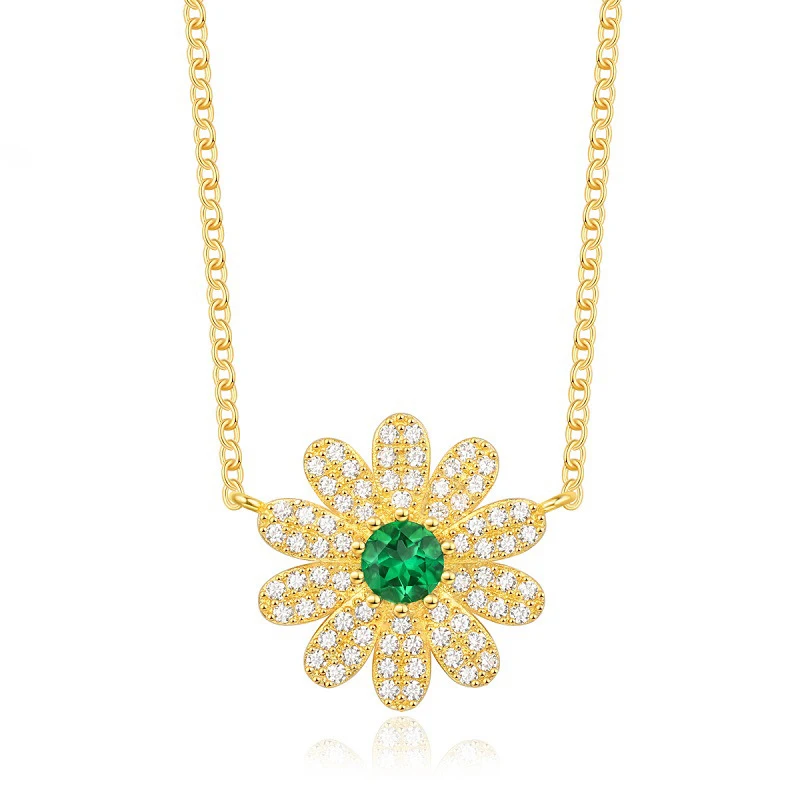 

0.3ct Lab Grown Emerald Flower Necklace 18k Gold Plated 925 Sterling Silver Emerald Gemstone Pendant Necklace Birthday Gift