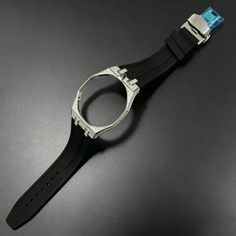Moissanite Diamond Watch Strap Set, Stainless Steel Case Silicone Replacement Band For Royal Pop Pocket Watch