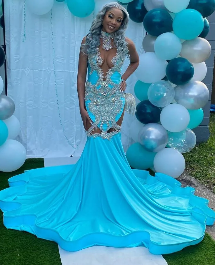 Blue Long African Mermaid Prom Dresses for Women Sparkly Diamond Crystal Beaded Evening Birthday Gown robe longue bleu