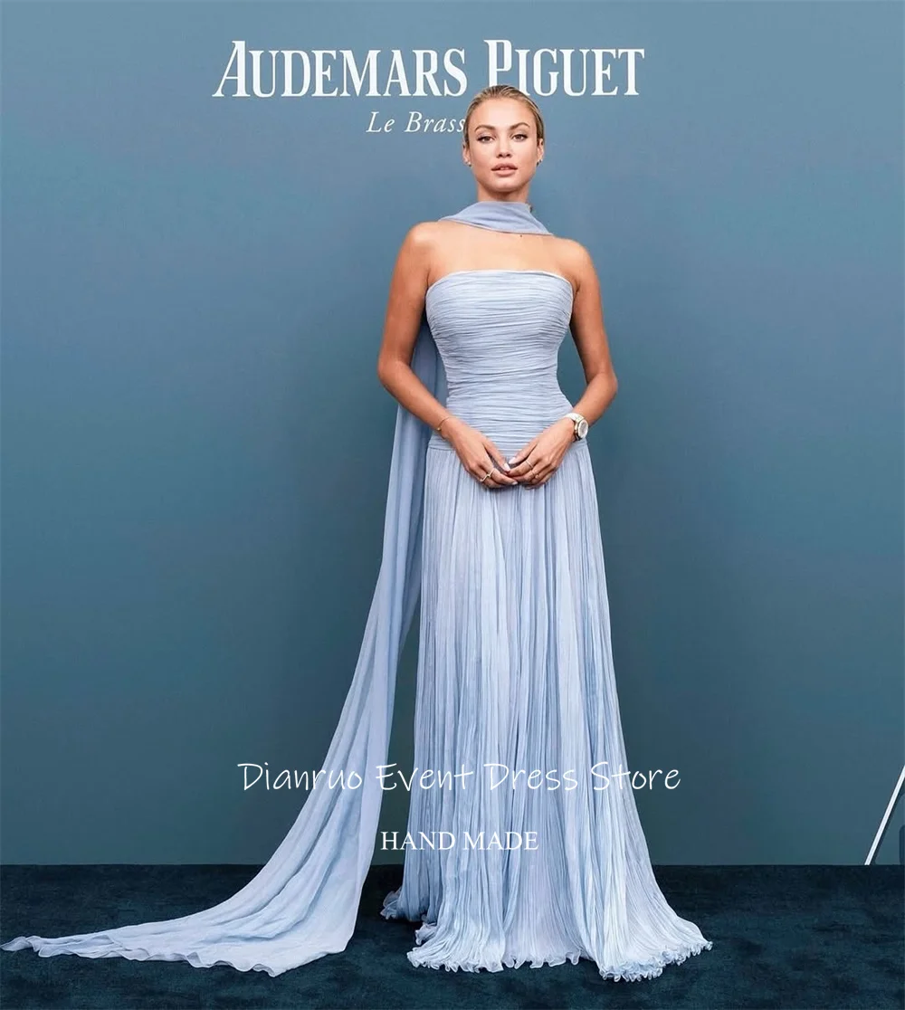 Dianruo светло-голубое вечернее платье без бретелек с лентами, шифоновые платья трапециевидной формы для женщин, винтажные платья для выпускного вечера со рюшами, 2025 по индивидуальному заказу