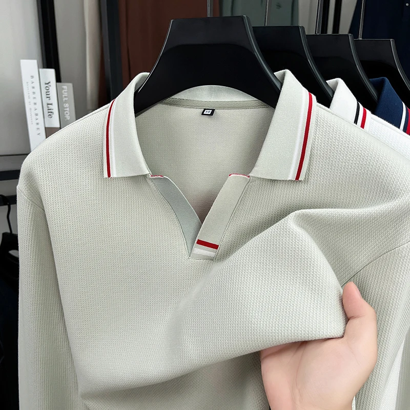 Light luxury men long sleeve polo shirt new fashion high-quality spring autumn comfort casual personality striped V-neck T-shirt