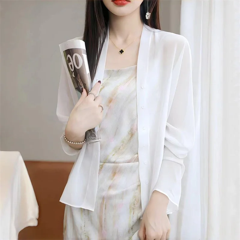 V-Neck Sun-Proof Chiffon Women Shirt Cardigan 2025 Summer Thin Micro-Transparent Ice Silk Shawl Blouse