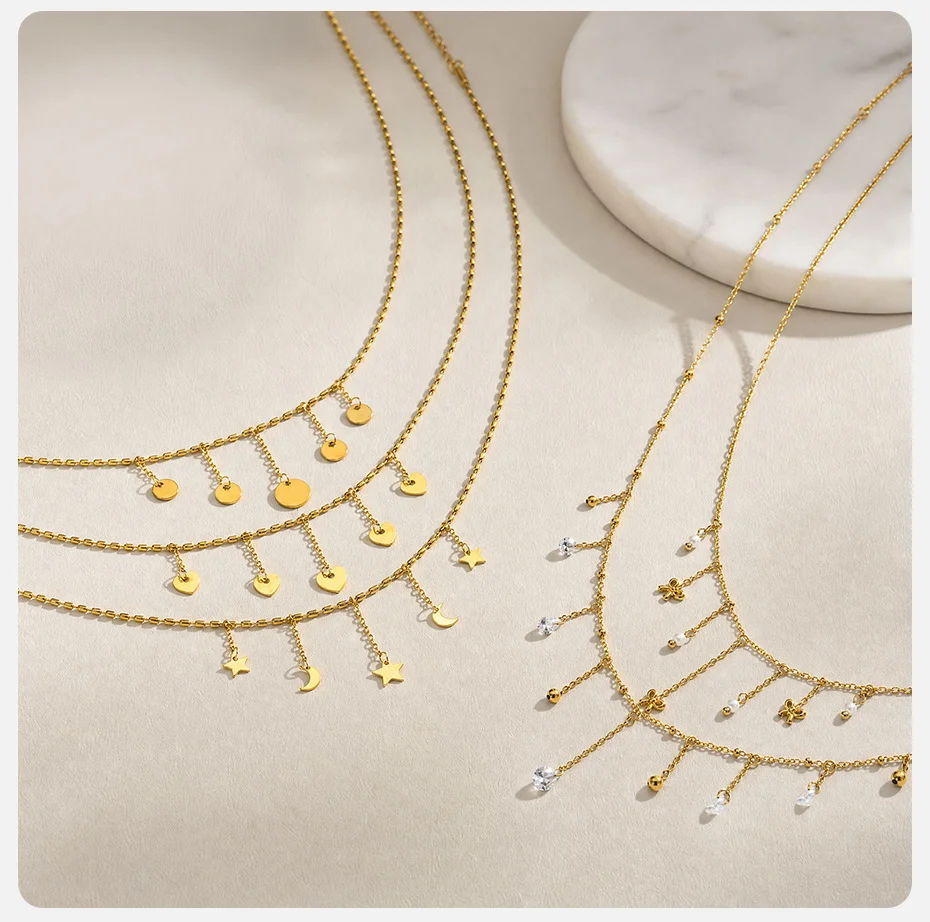 Vnox Zierliche Imitationsperlen-Quasten-Halskette für Damen, vergoldet, mit Schleifen- und Herzanhänger, Tropfen- und runder CZ-Kette, Partyschmuck – Detail 9