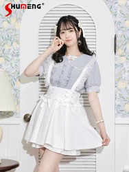 Lolita Style Top Cute Lace Ruffled Bow Blouse Female Summer New Sweet Woman Mine Single-Breasted Doll Collar Short Sleeve Shirts