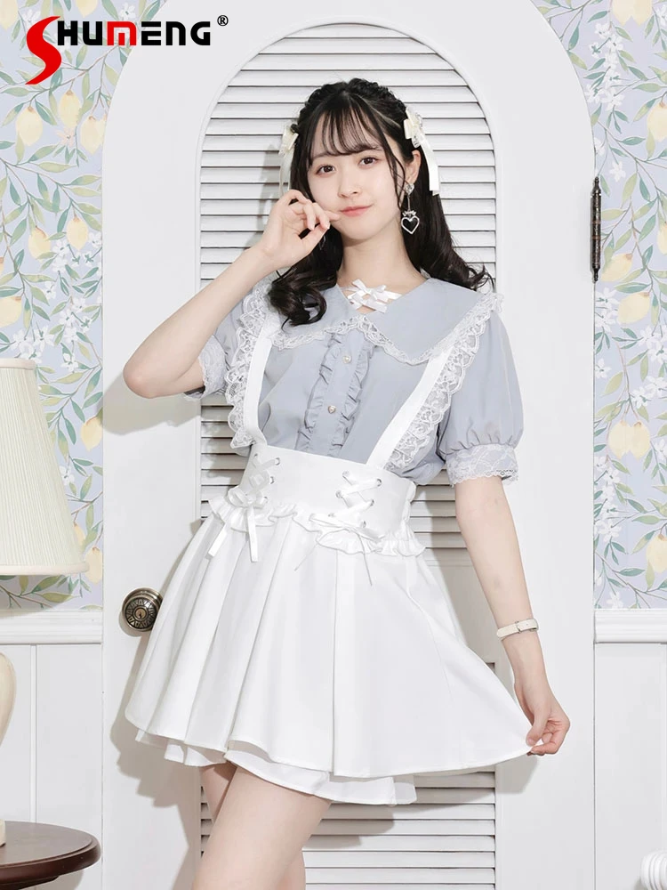 Lolita Style Top Cute Lace Ruffled Bow Blouse Female Summer New Sweet Woman Mine Single-Breasted Doll Collar Short Sleeve Shirts