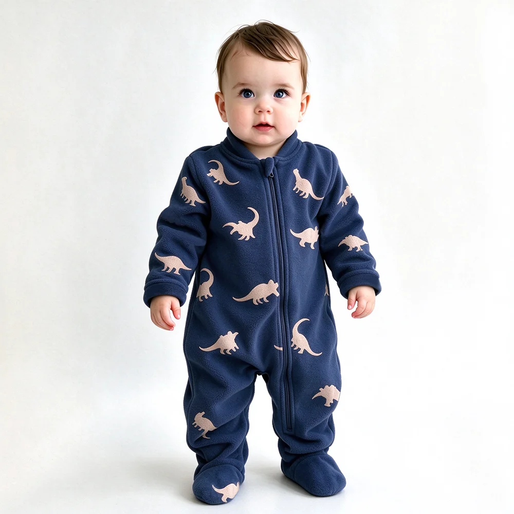 Baby Romper Fleece Warm Newborn Jumpsuit Zipper Footed Sleepwear Cartoon Print Infant Pajamas