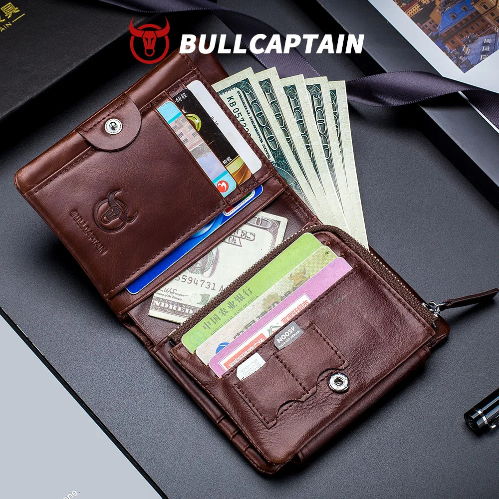 BULLCAPTAIN Brand Leather RFID Retro Wallet Men's Small Zipper Wallet Card Bag Men's Wallet Clutch