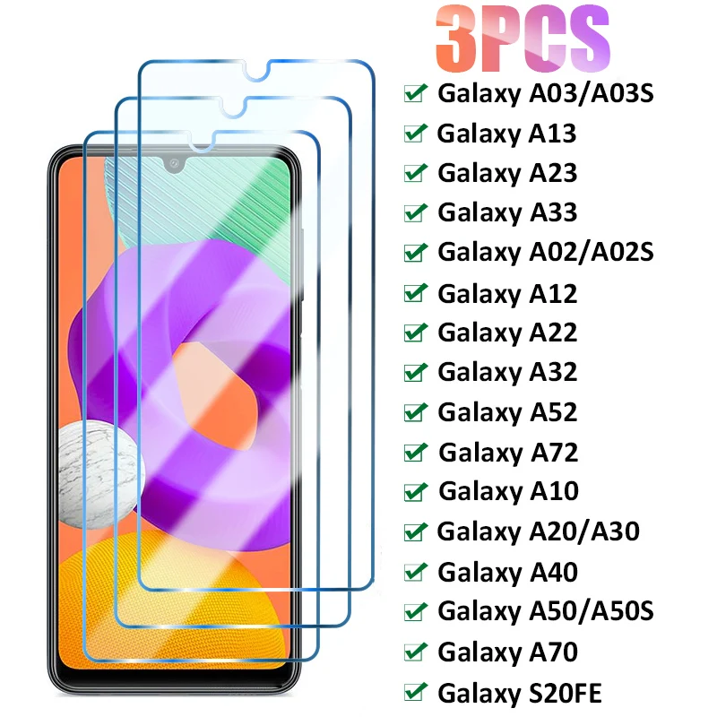 Protector de pantalla de vidrio para Samsung A52, A32, A72, A02, A12, A22, A30S, A10, A20, A50, A70, A03, A13, A23, A33, 3 unidades