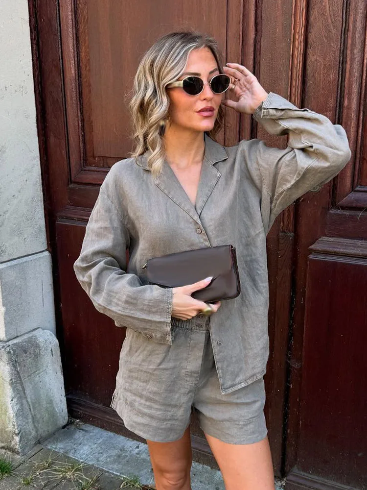 

HH женские шорты, костюм с лацканами, однобортный свободный топ с длинными рукавами + летние элегантные шорты с карманами на эластичной резинке на талии