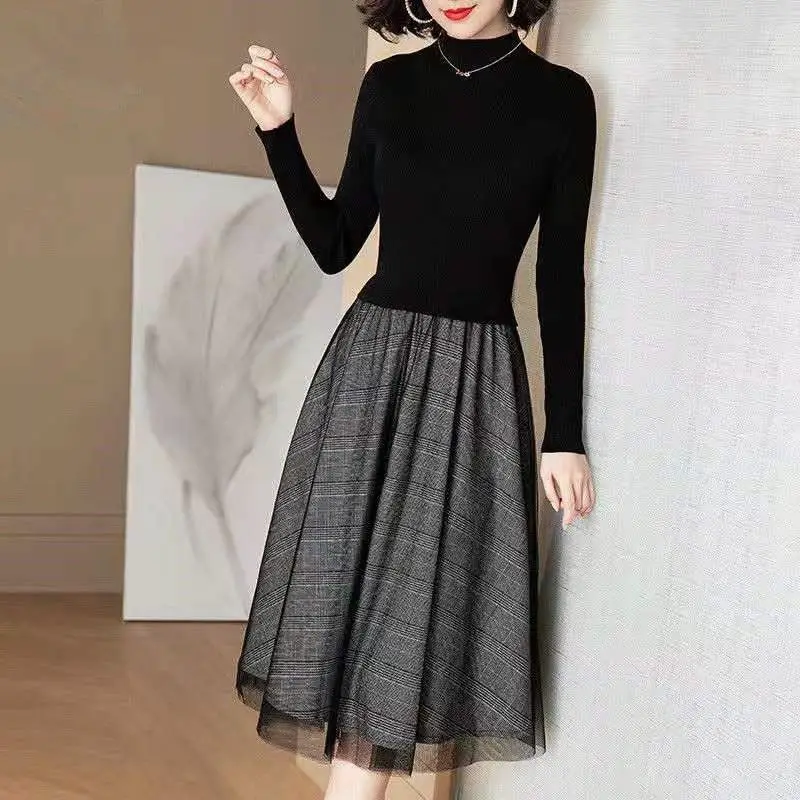 

Patchwork Net Yarntemperament Fake Two Pieces Knitted Dress Ladies Autumn Fashion Turtleneck Long Sleeve Slim Korean Midi Dress