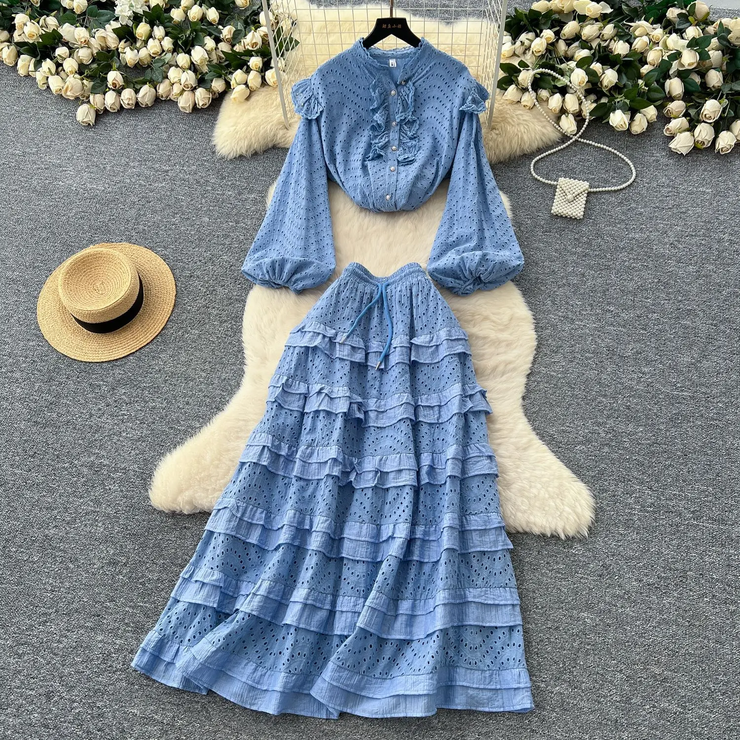 

Women Two Piece Skirt Sets Lantern Sleeve Tops Button High Waist Long Skirts Ruffles Hollow Dress Sets Elegant Office Lady 2025
