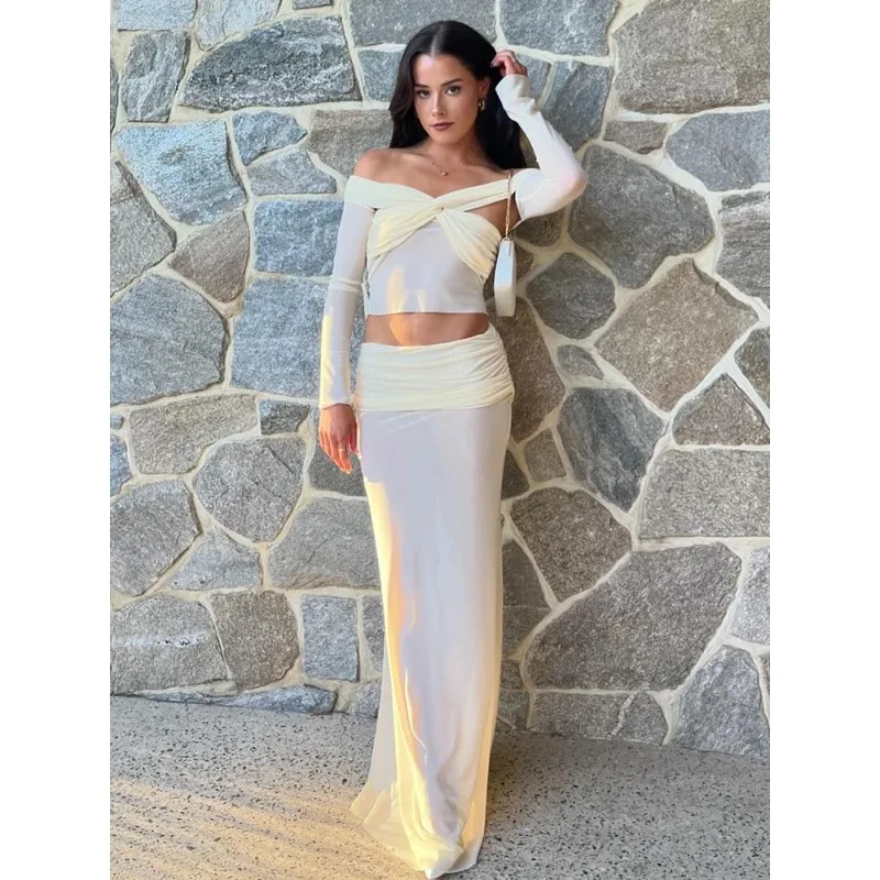 Women\'s Off-Shoulder Sheer Long Sleeve Crop Tops and Long Skirt, Fashion Skirt, Sexy 2 Piece Sets