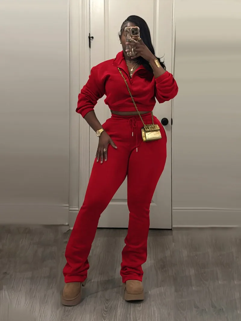 

Женские спортивные костюмы из однотонного флиса, комплект из 2 предметов, воротник-стойка на молнии, пуловер с длинными рукавами, кофты, укороченные топы + брючные костюмы