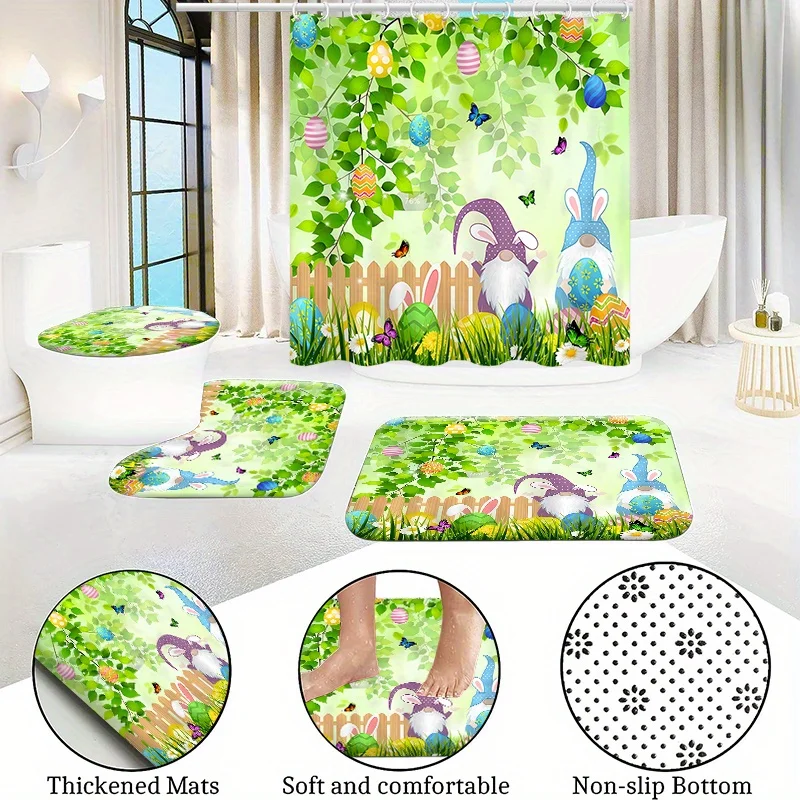 Bunny Egg Pattern Waterproof  Shower Curtain Set,Non-Slip Rug, Toilet U-Shape Mat, Bathroom Easter Decor, Bathroom Accessories