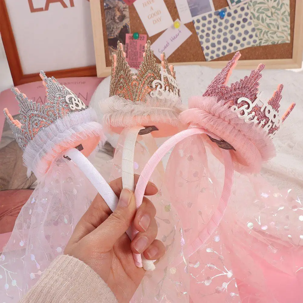 Hair Accessories Crown Gauze Headband Korean Style Hair Decor Crown Hairband Headwear Photo Props Happy Birthday Hairband Party