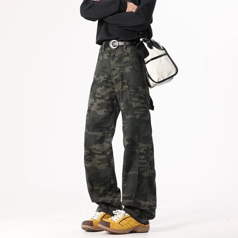 

Decomposed Camouflage Knife Edge Work Trousers Spring Autumn New Retro Straight Leg Wide Leg Pants Street Style American