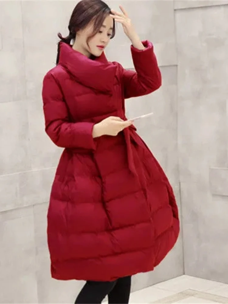 2025 jaqueta de inverno novo casaco de algodão feminino parkas comprimento médio coreano fino vermelho fofo quente algodão acolchoado casaco