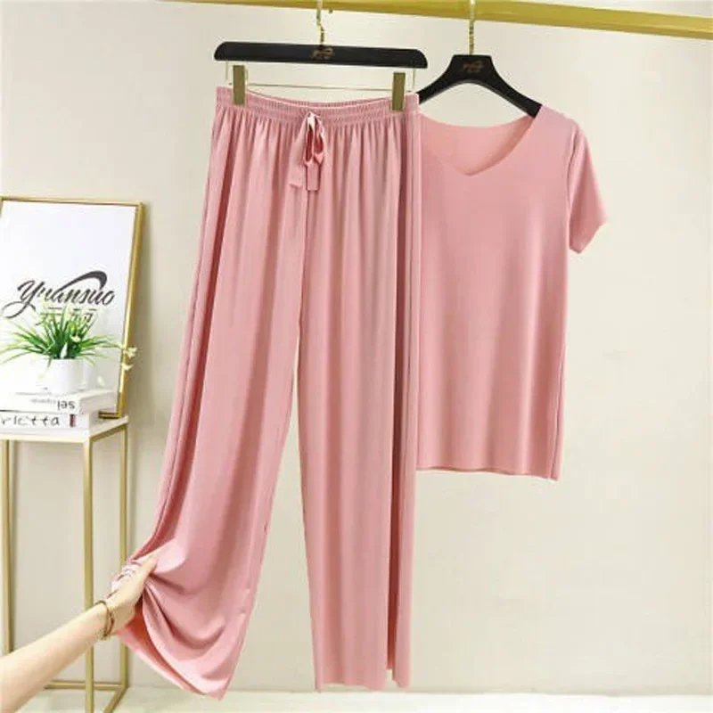 

Summer Korean ice silk Modal Loose Homewear Set O-neck Tshirts Short Sleeves and Wide Leg Pants Casual Streetwear Suit All Match