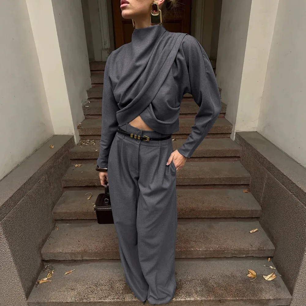 Commuting Office Blazer Wide Leg Pants Set Autumn and Winter Women Chic Loose Soft Wrinkle Irregular Cross Design Top Pants 2pcs