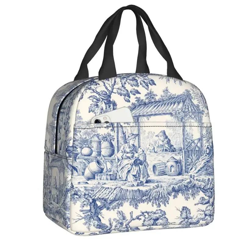 Toile De Jouy Navy Blue Motif Pattern Thermal Insulated Lunch Bags Women Lunch Tote for Outdoor Picnic Storage Food Bento Box