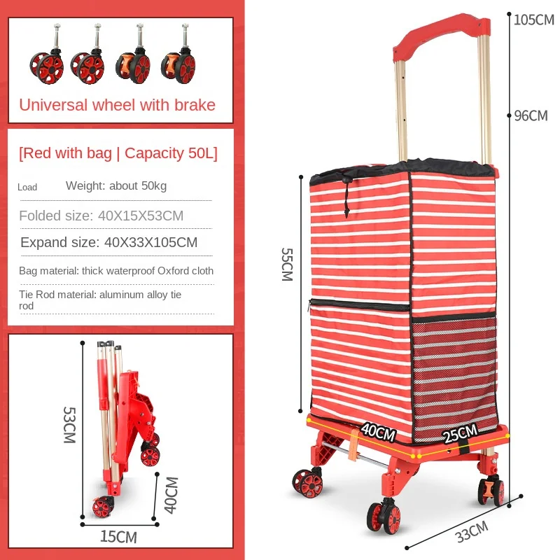 Small Cart Aluminum Alloy Small Pull Cart Folding Shopping  Hand Pull  Shopping Cart with Bag