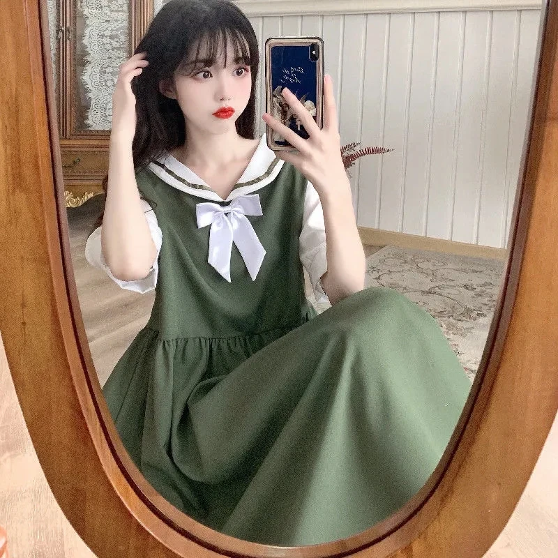 

Ln The Summer 2023 The New Korean Version Slim College Style Small Fresh And Green And The Long Navy Collar Dress Female