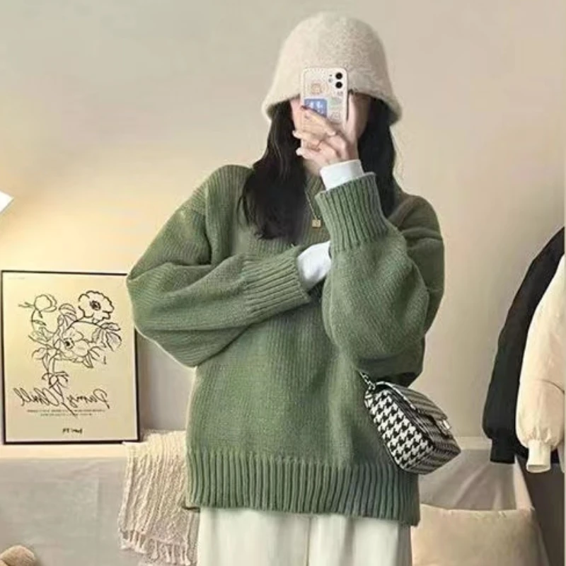 Pullover lavorati a maglia da donna autunno Vintage Y2k maglioni con scollo a o verde studenti Kawaii Ins Fashion All-match Soft Chic Simple Teens