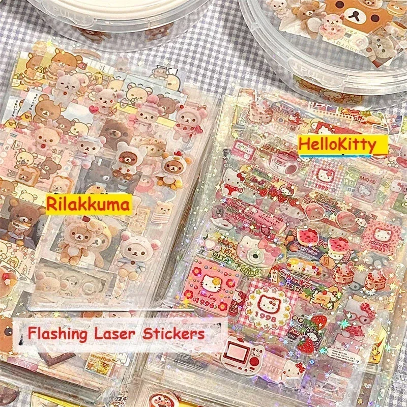 5Sheets Cartoon Hello Kitty Rilakkuma Cute Stickers Die-cutting Sticker Anime Handbooks Material Flashing Laser Sticker Kids Toy