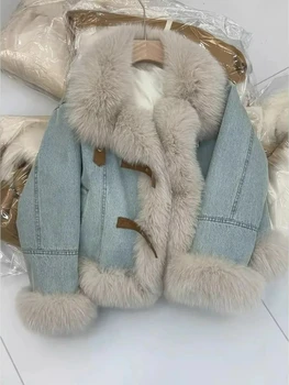 Fur Collar Denim Winter Jacket 2 Women Thick Denim Jackets Turn Down Collar Warm Solid Coats Long Sleeve Spliced Button Pockets Cardigan Fur Collar Autumn Winter 2