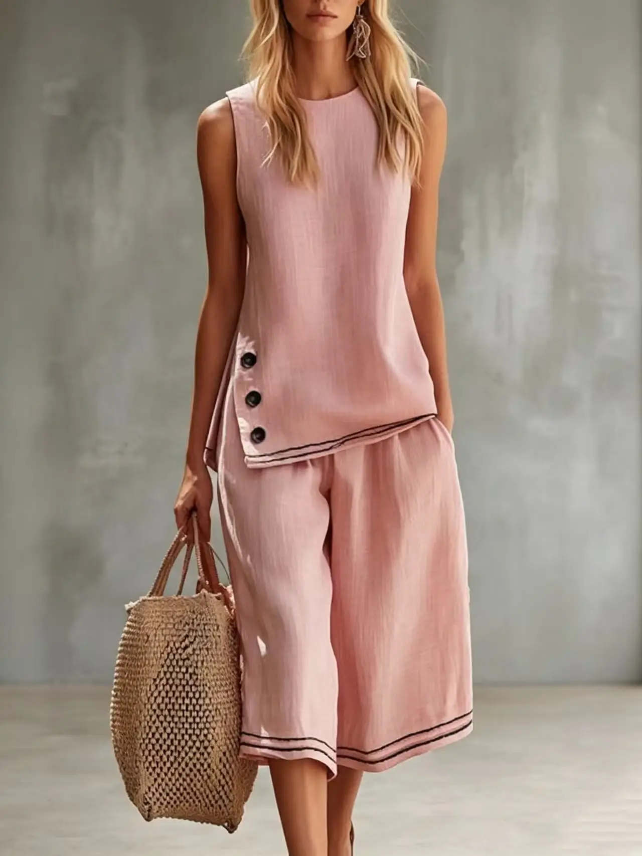2026 Neues Damen-Zweiteiler-Set aus Baumwolle und Leinen: Ärmellose Weste & Capri-Hose mit weitem Bein – Sommerliches, schickes 2-teiliges Outfit für Damen
