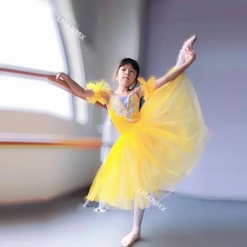 Tutu di balletto bianco rosa giallo senza maniche in pizzo professionale per bambini bambino lungo balletto danza tutù romantico per ragazze vestito da ballerina