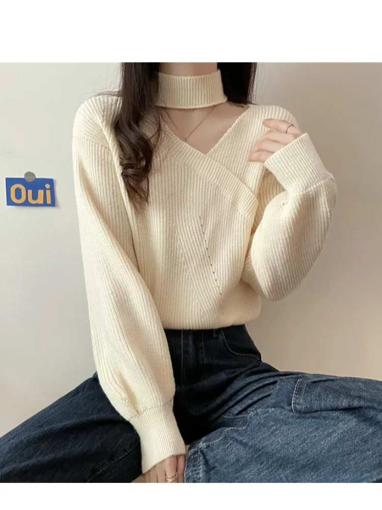 فضفاض ort محبوك سترة المرأة لون نقي أعلى فانوس Sve غير المتكافئة طوق الكورية Sle الخريف Faion لباس غير رسمي #3