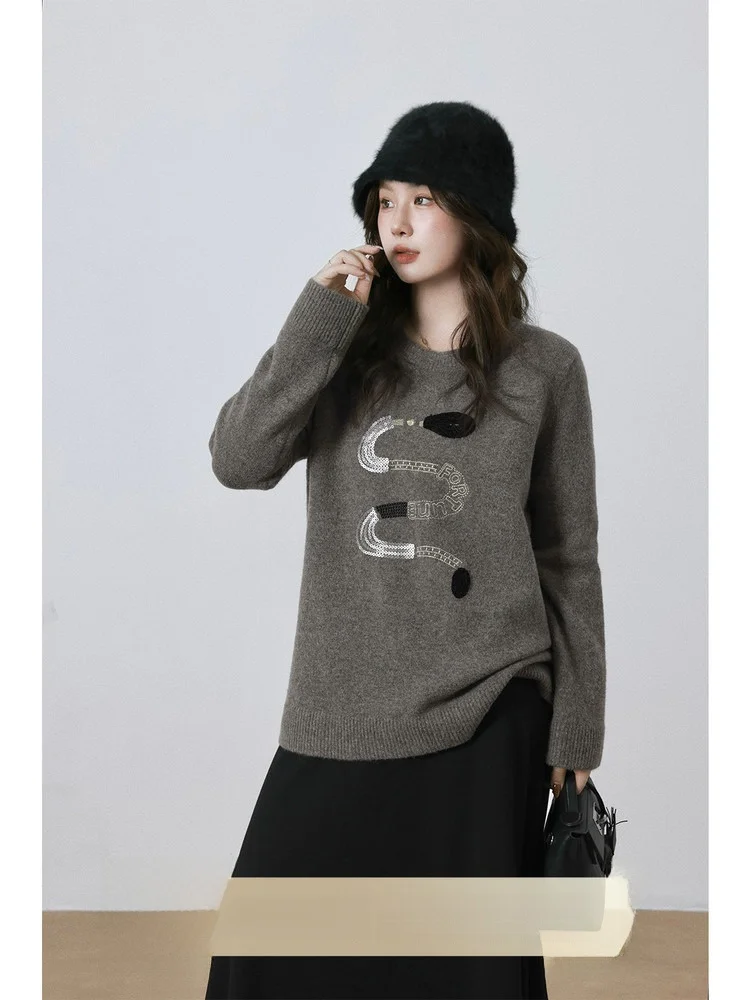 

plus Size Women's Knitted Sweater Snake Design Woolen Casual Loose Fit Long Sve round Ne Top for Plump Sister MM