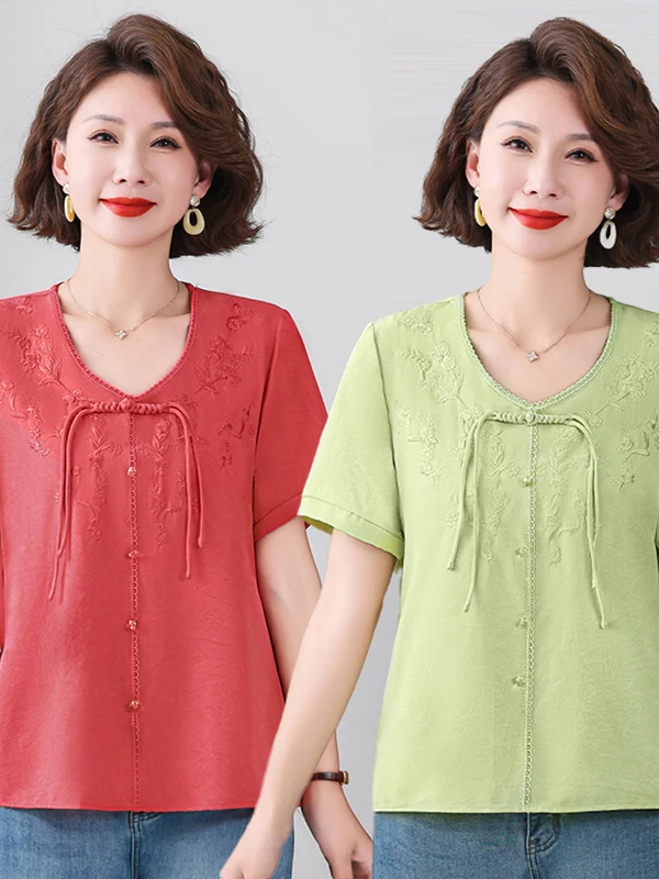 

Шикарная блузка с V-образным вырезом и вышивкой в китайском стиле, модный омолаживающий топ для женщин среднего и старшего возраста