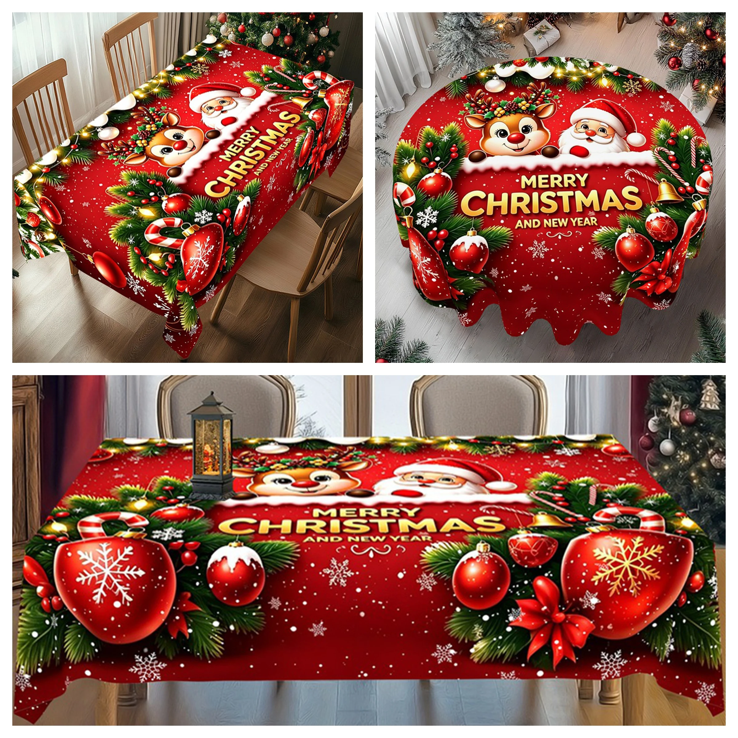 Merry Christmas Tablecloth Santa Reindeer Print Polyester Table Cover for Festive Home Dinning Table Decor Christmas Decoration
